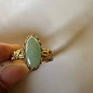Antique Green Jade Stone Ring Size 10 - 14k Gold Plated with the word Brass